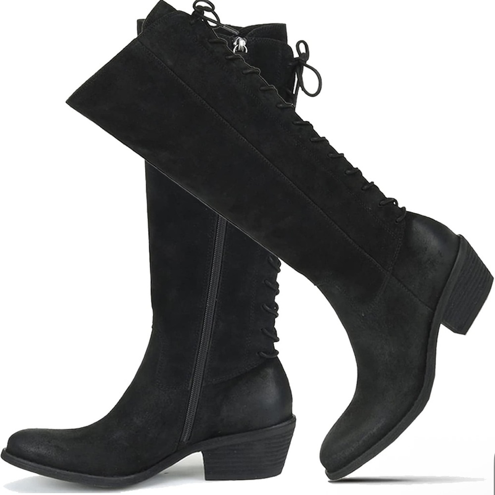 Women Vintage Low Stacked Heel Knee High Western Boots Lace Up Round Toe 1.5"